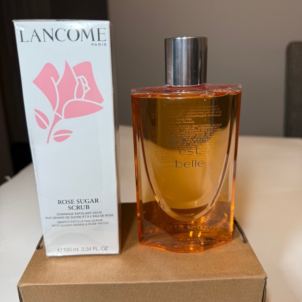 NEW LANCOME La Vie est Belle Shower Gel 6.7oz & Rose Sugar Scrub 3.34 fl oz.